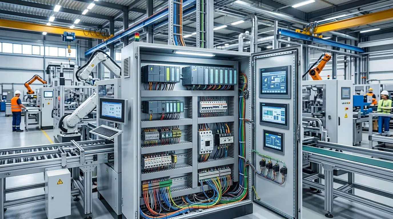 Painel de automação industrial com CLPs, IHMs e robôs articulados em uma linha de produção