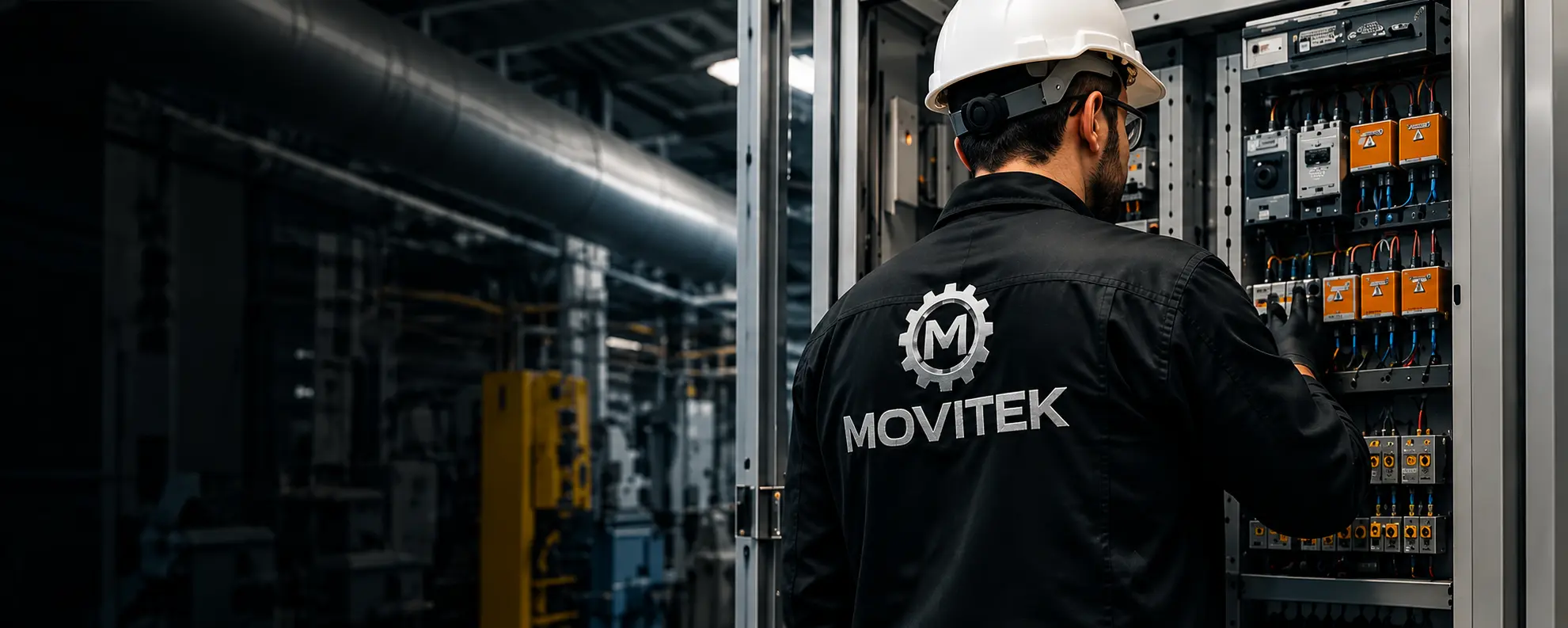 Técnica da Movitek medindo com multímetro um painel elétrico industrial diante da sala de supervisão