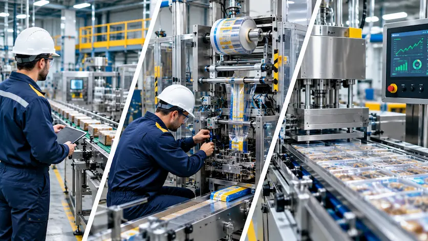 Robôs industriais laranja ao lado de uma máquina antiga modernizada em uma linha de produção