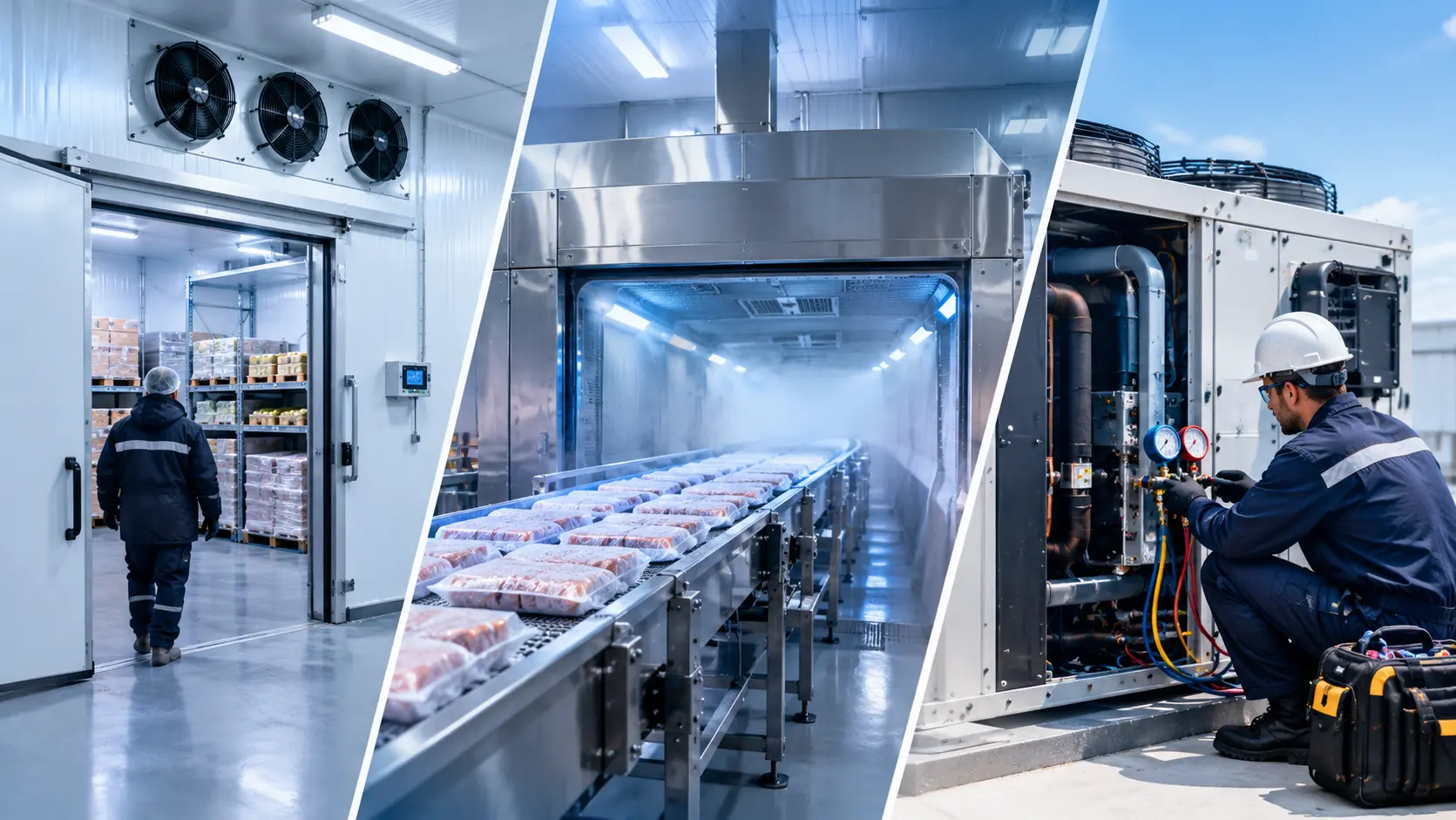 Câmara fria industrial com evaporadores e paletes de alimentos congelados em estantes metálicas